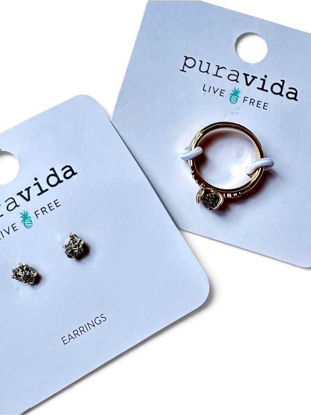 Pura Vida Raw Pyrite Stud Earrings and Raw Pyrite Solitaire Ring set, Sz 7